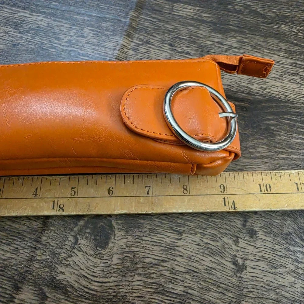 VINTAGE Nordstrom‎ Makeup Pouch Women Small Orange Faux Leather Silver Buckle